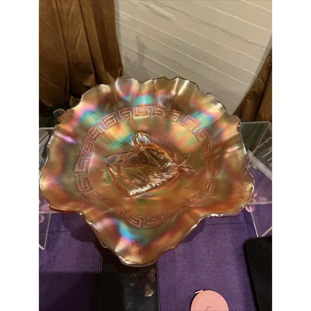 Dugan Carnival Glass Pony Horse‎ Head Ruffled Bowl Marigold Greek Key Iridescent